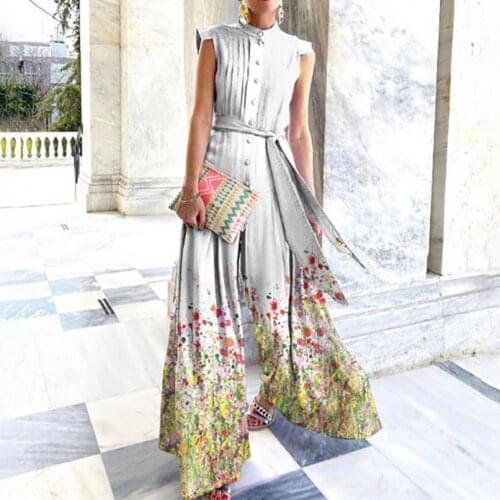 Summer Ladies Jumpsuit Floral Print Stand Collar Sleeveless Women Playsuit Wide Leg Belted Patchwork Romper for Party/Office