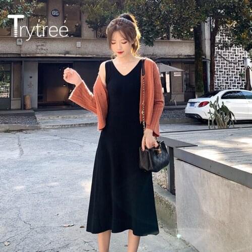 Trytree 2020 Spring Winter Women two piece set Casual Single Breasted Knitting Top + Dress Solid A-line Fashion Set 2 Piece Set