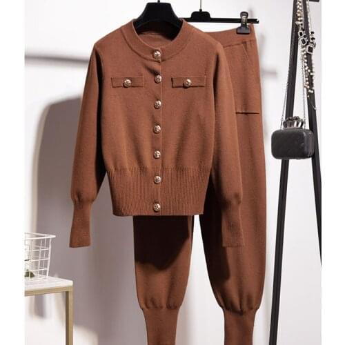 Elegant Women Knitted Outfits Tracksuits 4 Color O-Neck Cardigan Sweater Pencil Pants Two Piece Set Female Loose Knitting Suit