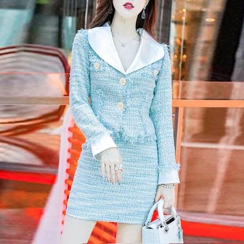 Light blue tweed jacket +skirt suit pearl buckle Spring / autumn / winter womens jacket ladies 2 pieces skirt suit
