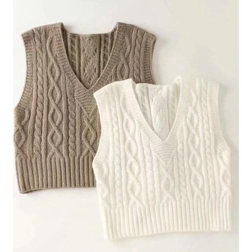 2021 Autumn Women Vintage Brand Beige Knitted Twist Vest Sweaters Female Loose V-Neck Sleeveless Waistcoat Chic Pullover Tops