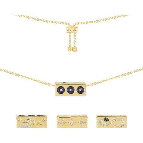 SLJELY Fashion Real 925 Sterling Silver Yellow Gold Color Serpent and Stars Rectangle Multi Patterned Pendant Necklace for Women