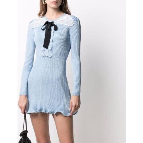 High Fashion Sweater Dress Women 2021 Autumn Winter Designer Knitted Mini Dress Ladies Lace Bows Long Sleeve Dress Slim Vestidos