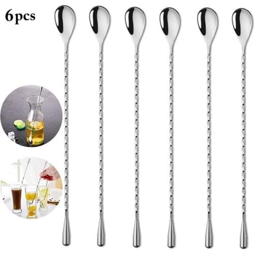 6 Pcs/Set Long Handled Stainless Steel Ice Cream Coffee Sugar Tea Stirring Spoon Cocktail Stirring Spoons For Bar Accessories
