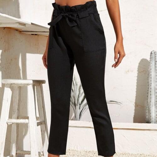 Summer Hot Sales Cotton Women Casual Pants Pure Color Lace-Up Fashion Tall Waist Casual Pants