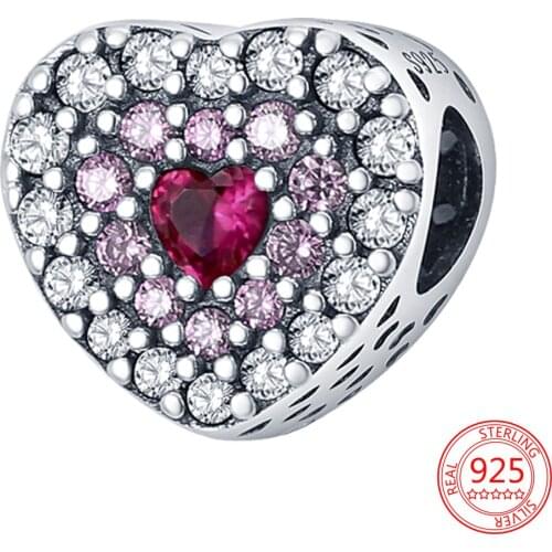 New 925 Sterling Silver Zircon Red Peach Heart Beads Charms Fit Original Pandora Bracelet Bangle Fashion Jewelry Gift for Women