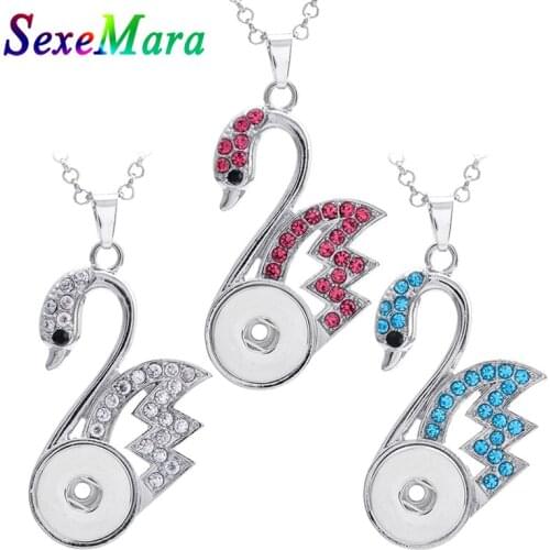 New Snap Jewelry Crystal Swan Pendant Necklace Snap Necklace Fit 18mm Snap Button Necklace Women Pendant Necklace with Chain