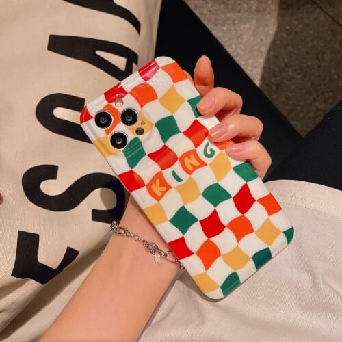 Color Plaid King Glossy Phone Cases for iPhone 12 Pro Max 11 Pro X XS Max XR 7 8 Plus 12 mini SE 2020 Soft IMD Shell Cover