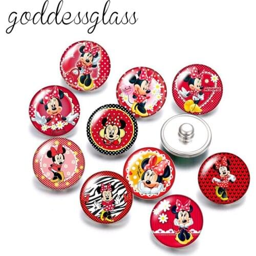 Disney Cute Minnie Girls Gift 10pcs Round photo glass cabochon 18mm snap buttons for 18mm snap bracelets jewelry wholesale