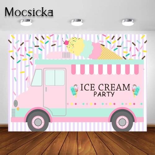 Mocsicka Ice Cream Party Backdrop Baby Girl Birthday Party Pink Ice Cream Car Parties Decorations Banner Photography Background