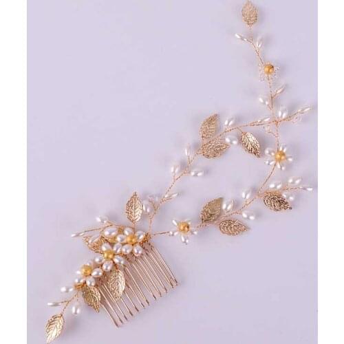 FORSEVEN Gold Color Flower Leaf Crystal Pearl Hair Combs Headpieces Hairbands for Bride Noiva Wedding Hair Jewelry Accessories