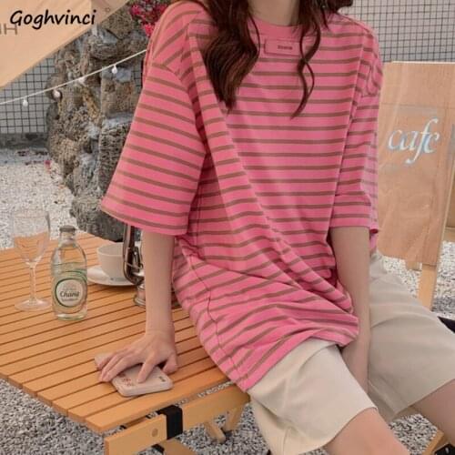 Short Sleeve T-shirts Women Loose Striped Leisure Tops Female Harajuku Teens All-match Summer Streetwear Retro Personality Chic