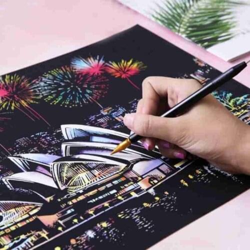 City Night Scene Hand-scraped Art City Picture Painting City Diy Craft Home Decoration Drawing Childrens Painting Gift