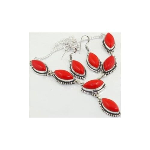 Coral Necklace Earing Silver Overlay over Copper , 47 cm, N3449