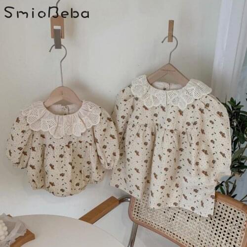 Korean Baby Girls Lapel Dress Princess Skirt Kids Floral Creeper Bodysuit Sisters Outfit Romper Girl Dresses For Weddings Roupa