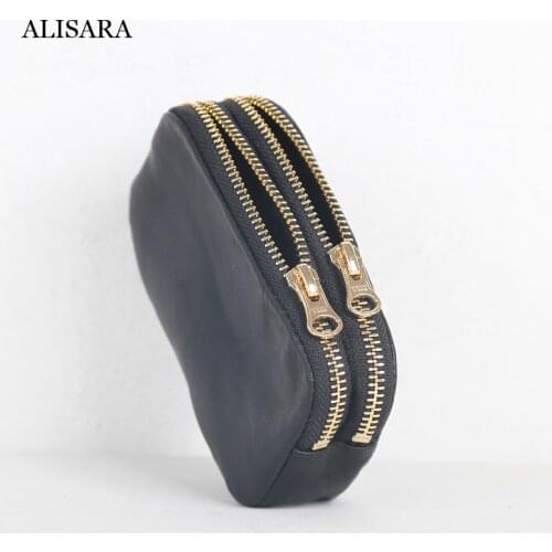 Alisara Double Zipper Wallet First Layer Cow Leather High Quality Organizer Coin Purse Storage Credit Card Bag Coin Pouch Unisex