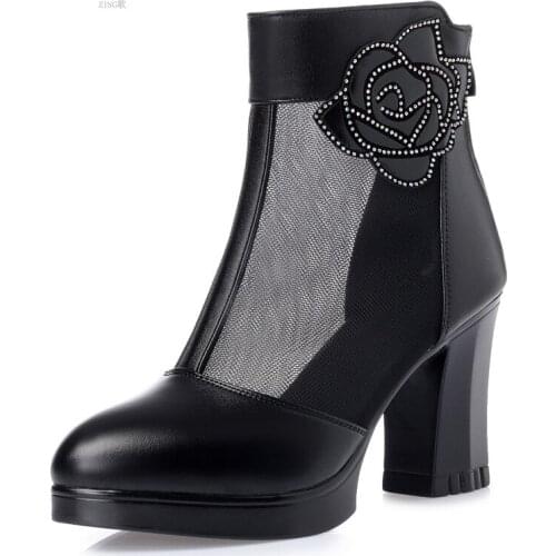 Summer Womens Leather Boots High Heel Thick With Net Boots Womens Shoes With Mesh Sandals Single Shoes