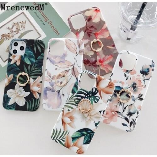 MrenewedM 12 11 Pro Max Retro Flower Phone Case For iPhone 7 8 Plus X XR XS SE2 Round Ring Holder Stand Soft Silicone Back Cover