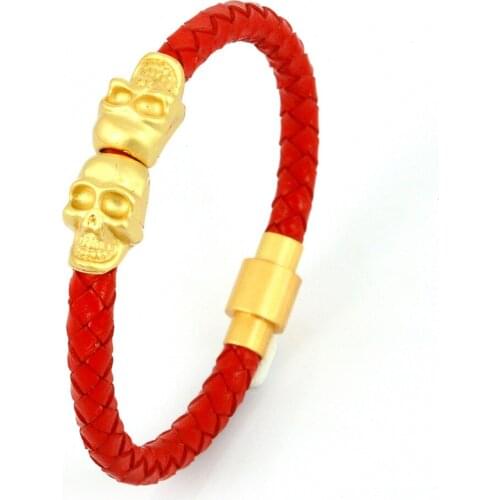 Genuine Leather Skull Bracelets Men Bangles Cuff Gold Color Double Skeleton Twin Skull Genuine Leather Punk Rock Jewelry 2017