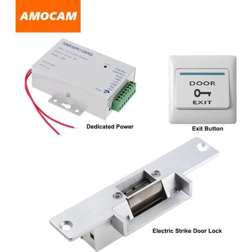 NC Electric Strike Door Lock+ Power Supply box for Door Access Control System Video doorbell +Door Exit Button Switch