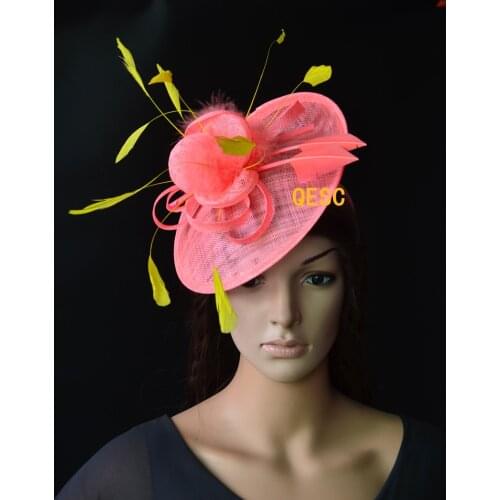 Wholesale NEW Coral pink yellow Big sinamay fascinator hat for Tea Garden party Royal Races Kentucky derby. FREE SHIPPING