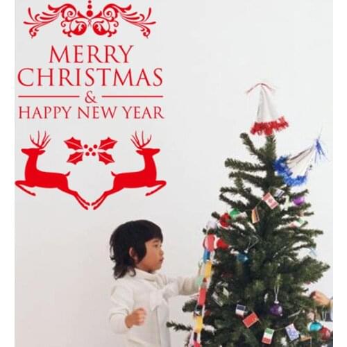 Merry Christmas & Happy New Year Quotes With Reindeer Wall Decals Home Decoration Xmas Festival Mural Art Diy Vinyl Stickers