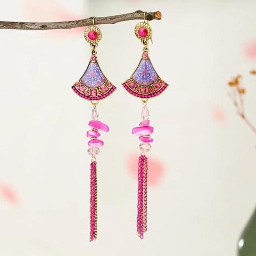 Chinese Style Bell Alloy Drop Earrings Cute fan-shaped colorful flower Tassel Pendant Earrings Female Trendy Japanese Jewelry