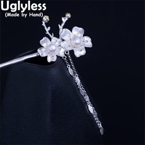 Uglyless Exotic Tassels Hair Jewelry for Women Romantic Pearls Floral Hair Sticks Real 925 Sterling Silver Flower Hair Accessory