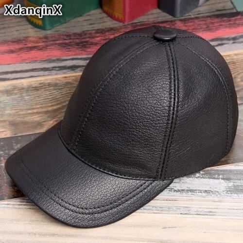 XdanqinX Adjustable Size Genuine Leather Hats For Men Women Single Baseball Caps High Quality Sheepskin Tongue Cap Snapback Cap