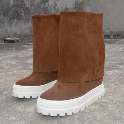 Brown Nubuck Genuine Leather Platform 10CM Height Increasing Mid Calf cowboy Boots For Women Luxury Causal Female Shoes