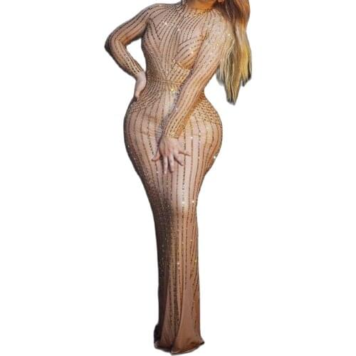 Sparkling Sequins Rhinestones Striped Decoration Silver/Gold Turtleneck Full Sleeve Long/Short Dress Women Party Evening Costume