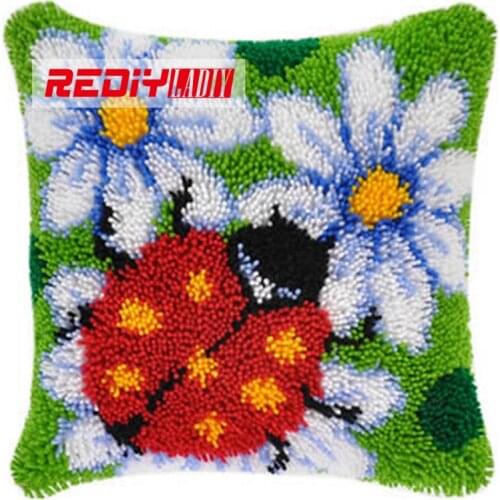 3D Latch Hook Pillow Kits DIY Needlework Crocheting Kit Yarn 2015 Handmade Embroidery Pillowcase Unfinished Ladybird and Flowers