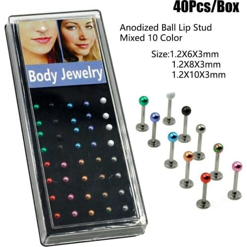 40Pcs/Box Surgical Steel Lip Stud Mixed Colorful Plating Ball Labret Ring Lip Nail Ear Tragus Cartilage Helix Stud Piercing
