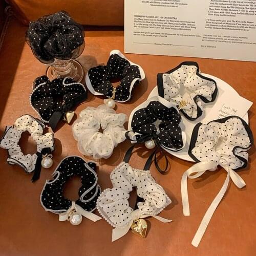 5pcs Girl Wave Dot Bow Knot Hair Rope Net Celebrity Simple Temperament Pearl Streamer Hair Ring Head Large cute intestine circle