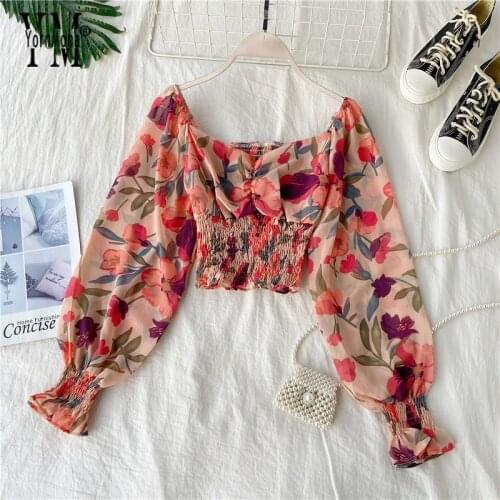 YornMona Ins Fashion Floral Print Chiffon Blouse Shirt Women Square Collar Ruched Stretch Transparent Blouse Elegant Crop Tops