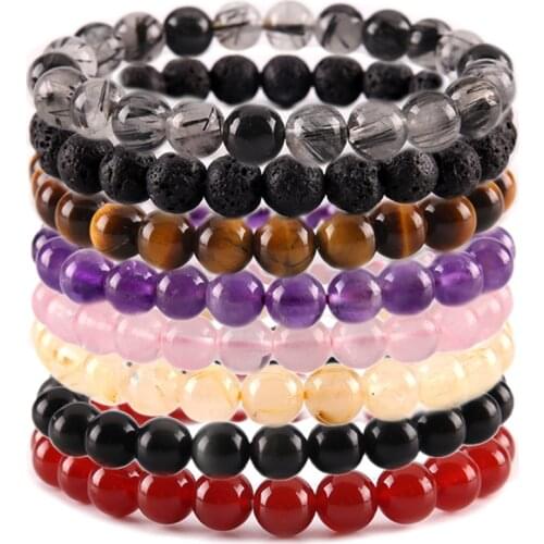 Natural Stone Bracelets 8mm Round Beaded Elastic Strand Real Amethysts Quartz Turquoises Lava Mala Stone Wristband Bracelets