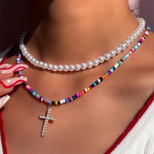 New Bohemian White Imitation Pearl Choker Multicolor Beaded Necklaces For Women Crystal Cross Pendant Multi-layer Jewelry Gifts