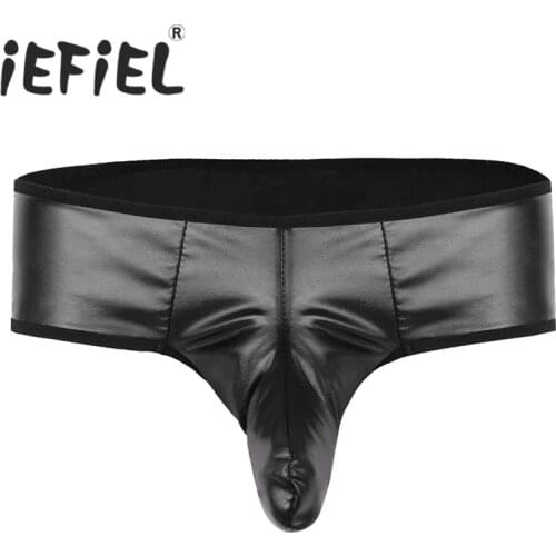 IEFiEL Mens Lingerie Briefs Black Soft Stretchy Faux Leather Low-rise Bikini Briefs Nightwear Underwear with Closed Penis Sheath