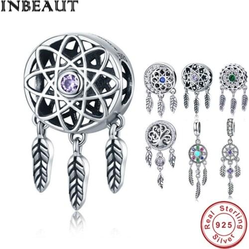 INBEAUT 100% 925 Sterling Silver Dream Catcher Feather Net Beads Universe Glaxy Cubic Zirconia Stone Charm fit Brand Bracelet