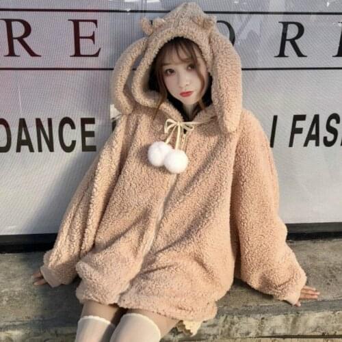 Japanese Style Warm Jacket Women Autumn Winter Sweet Cute Drawstring Rabbit Ears Hooded Coats Girls Student Soft Parkas Outwear