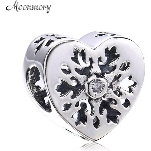Moonmory Love Snowflake Heart Openwork 925 Sterling Silver Charm Bead Fit Brand Bracelet DIY Jewelry Accessory Making