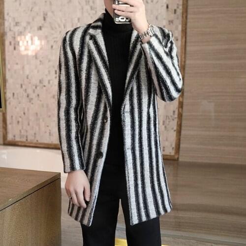 Mens long woolen coat 2021 autumn winter mens fashion business casual striped thick warm British style slim trench coat jacket