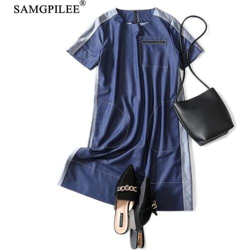 Denim Dresses Women Office Lady Dress Woman A-line Patchwork Short Sleeve Zippers O-neck Summer Clothes For Womens Vadim 4XL