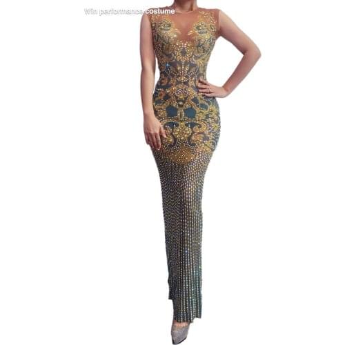 Transparent V Neck Golden Bead Printed Elegant Luxry Flashing Rhinstone Celebrate Bar Singer Outfit Women Dancer Birthday Dress