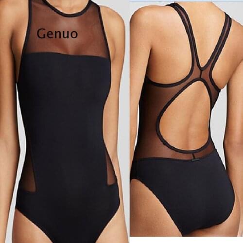 Sexy One Piece Swimsuit Women Black Mesh One Piece Swimwear Woman Sports Bathing Swiming Suit Swim Suit Solid