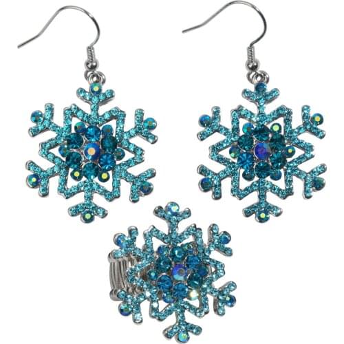 Snowflake Earrings Ring Sets Blue White Christmas Holidays Decorations Ornaments Gifts for Women Girls Crystal Fashion Jewelry