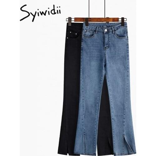 Syiwidii Womens Flare Cut Jeans High Waist Autumn Winter 2021 New Fashion Streetwear Split Slim Denim Pants Black Blue XS-XXL