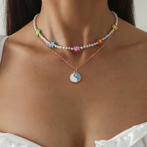 Vintage Colorful Seed Beads Flower Chinese Tai Ji Pendant Necklace for Women Geometric Chains Clavicle Necklace Collar Jewelry