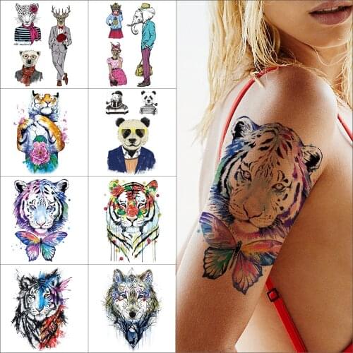 Watercolor waterproof tattoo sticker Tiger panda deer Leopard wolf Personal temporary tattoo Butterfly flower Body art tattoo