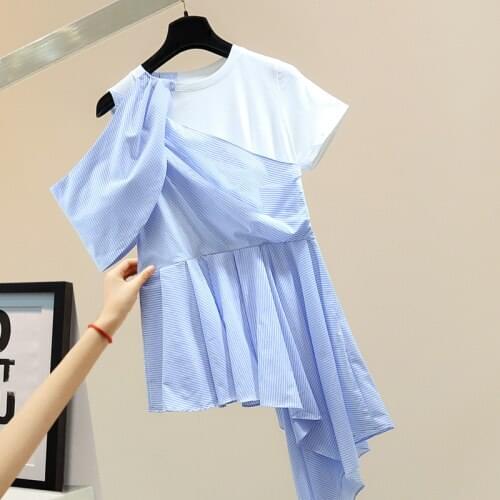 Irregular Long Shirt for Women 2021 Korean Style Loose-Fitting Pleated Off-Shoulder Striped Short Sleeve T Blouse Blusas Femme